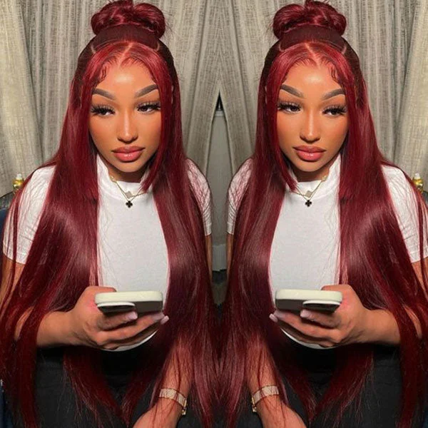 Colored wig in a vibrant pink color for a bold and eye - catching lookJunoda 99J Straight Pre Cut Lace Burgundy Red Lace Front Glueless Human Hair Wigs