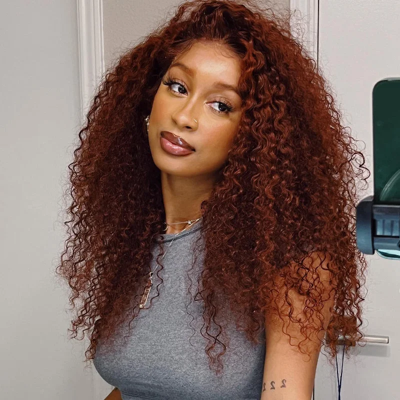 Colored wig with a middle - part for a classic and elegant styleJunoda Auburn Copper Red Color Human Hair Lace Wig Reddish Brown Kinky Curly Wig