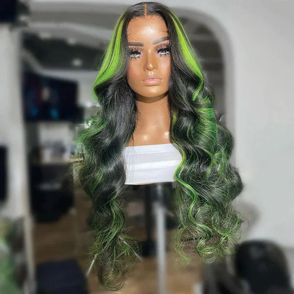 Colored wig with a blue - green ombre effect for a unique and trendy appearanceJunoda Balayage Highlight Green Mix Color Body Wave Human Hair Lace Wig for Women