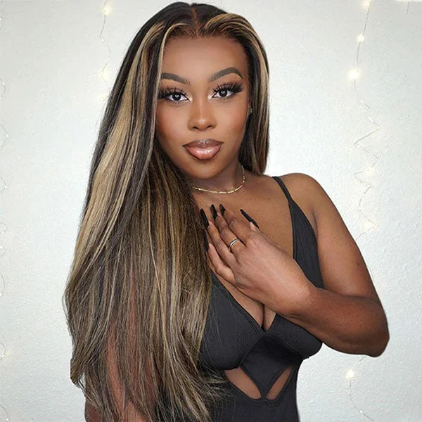 Colored wig with a straight texture for a sleek and minimalist lookJunoda Balayage Highlight P1B/27 Mix Color Straight Human Hair Wigs Blonde with Black