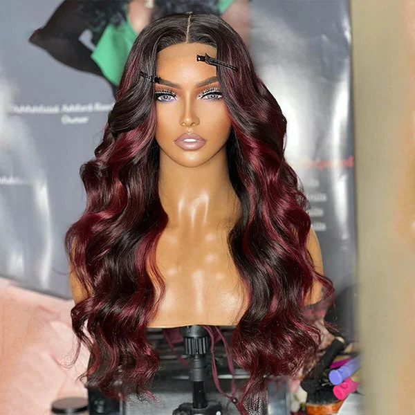 Colored wig with a natural - looking root for a more realistic lookJunoda Balayage P1B/99J Highlight Body Wave Wig Piano Color Burgundy Red Lace Frontal Wig