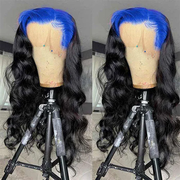 Colored wig with a red - orange hue for a warm and energetic lookJunoda Billie Eilish Hairstyle Hot Neno Blue Roots Color on Black Hair Skunk Body Wave Lace Wig