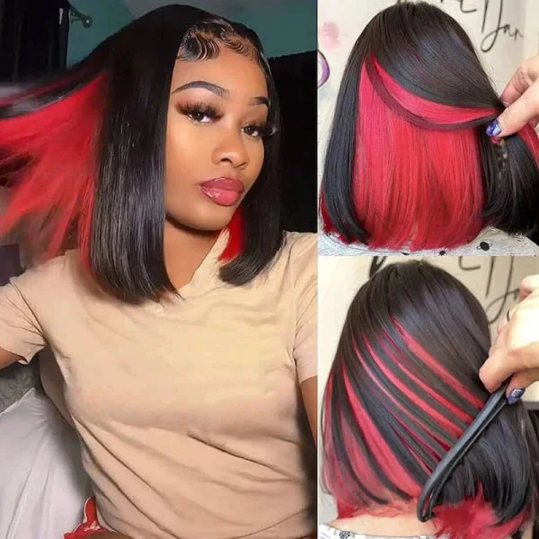 Colored wig with a side - swept bang for a sophisticated lookJunoda Black Hair with Red Cute Peekaboo Straight Bob Wig Colored Human Hair Wig