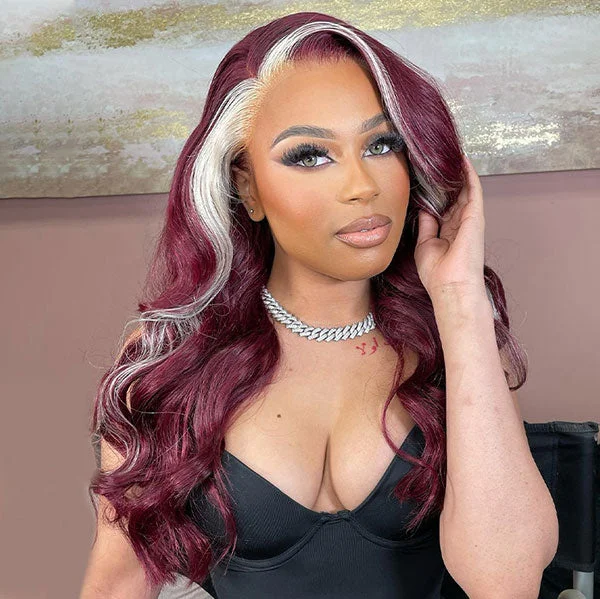 Colored wig with a red - orange hue for a warm and energetic lookJunoda Blonde 99J Red Burgundy Skunk Stripe Body Wave Lace Front Human Hair Wigs