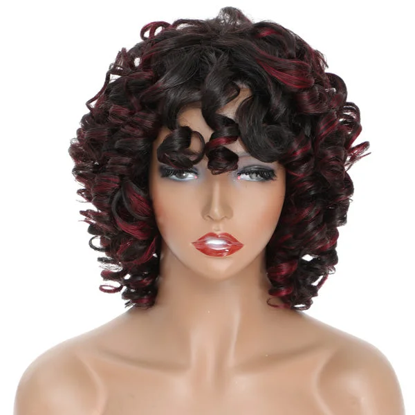 Colored wig with a middle - part for a classic and elegant styleJunoda Bouncy Curly Short Bob Wigs Ombre 99j Burgundy Red Human Hair Wig With Bangs