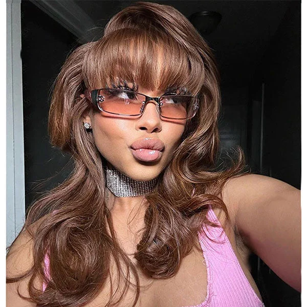 Colored wig with a 150 - density for a full and thick appearanceJunoda Brown Color Lace Front Wig With Bangs Cute Hairstyle Glueless Human Hair Wigs