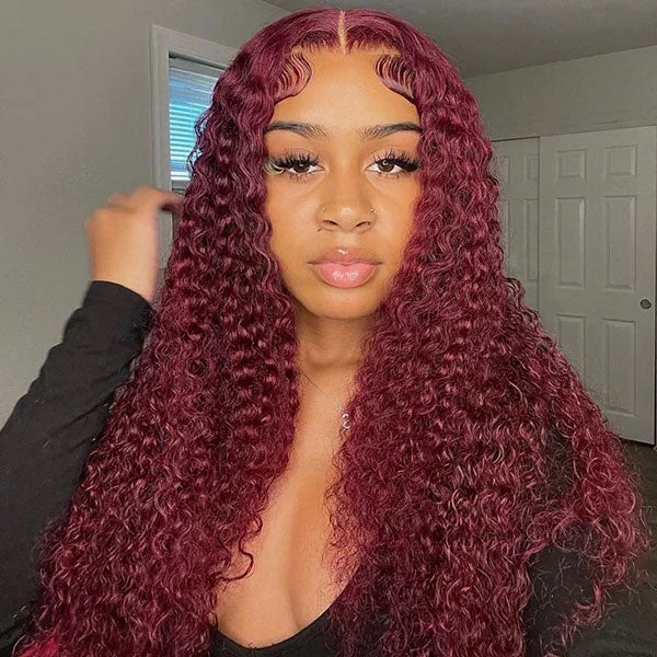 Colored wig with a red - orange hue for a warm and energetic lookJunoda Burgundy Red 99j Deep Wave Wear & Go Glueless Wig 3 Seconds Install Quick Easy Wig