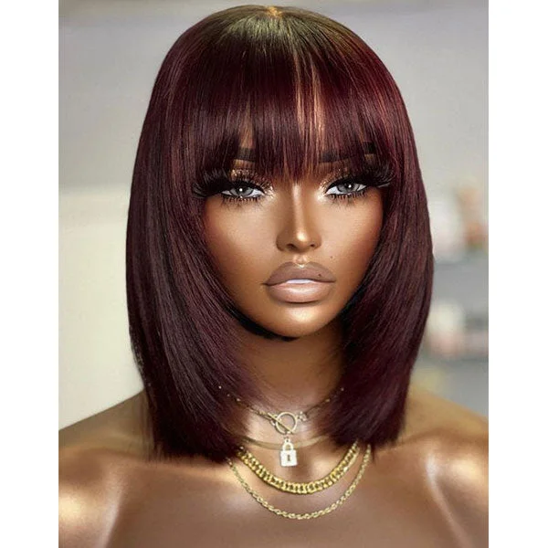 Colored wig with a 150 - density for a full and thick appearanceJunoda Burgundy Red Layer Cut Straight Bob Wig with Bangs 99J Glueless Wig