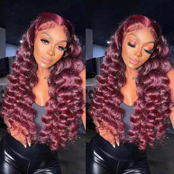 Colored wig with a pre - plucked hairline for a more natural lookJunoda Burgundy Red Loose Wave Lace Front Wig 4x4 13x4 99J Colored Long Human Hair Wigs