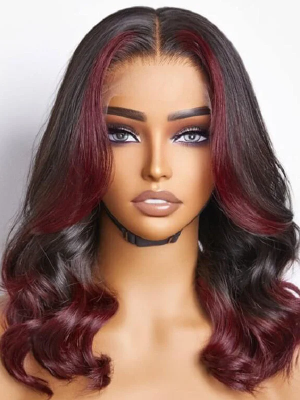 Colored wig with a wispy fringe for a soft and feminine lookJunoda Burgundy with Black Hair Two Tone Color Body Wave Bob Wig Skunk Stripe Wig