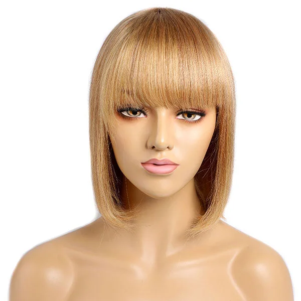 Colored wig with a purple - violet shade for a regal and elegant lookJunoda Caramel Blonde Human Hair Wig with Bangs Color 27 Blunt Cut Straight Short Bob Wigs