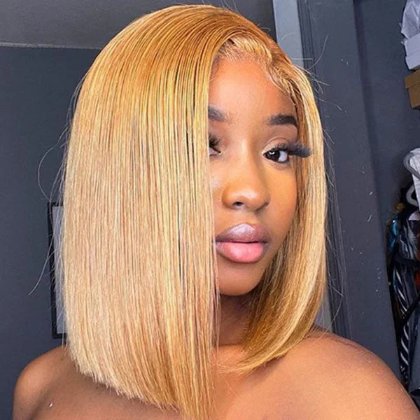 Colored wig with a curly texture for a bold and stylish choiceJunoda Color 27 Straight Bob Wig Caramel Blonde Blunt Cut Short Human Hair Lace Wig