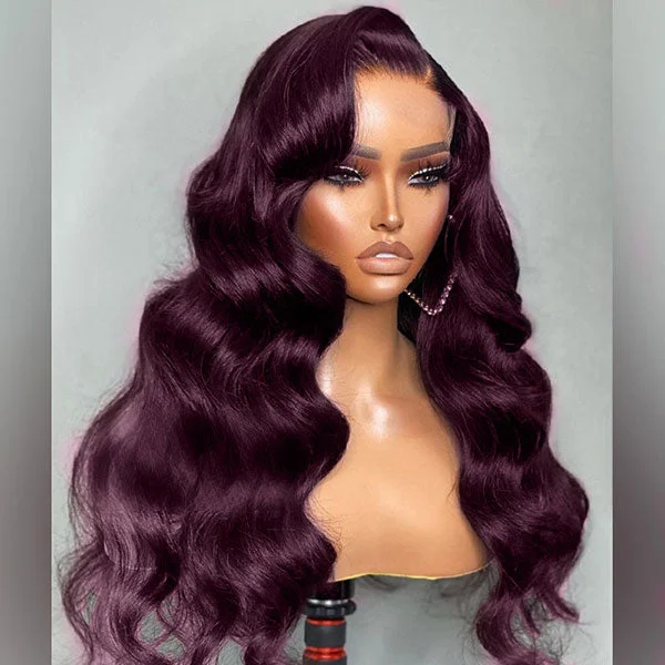 Colored wig in a vibrant pink color for a bold and eye - catching lookJunoda Dark Purple Plum Color Body Wave Human Hair Wigs Transparent Lace Frontal Wig