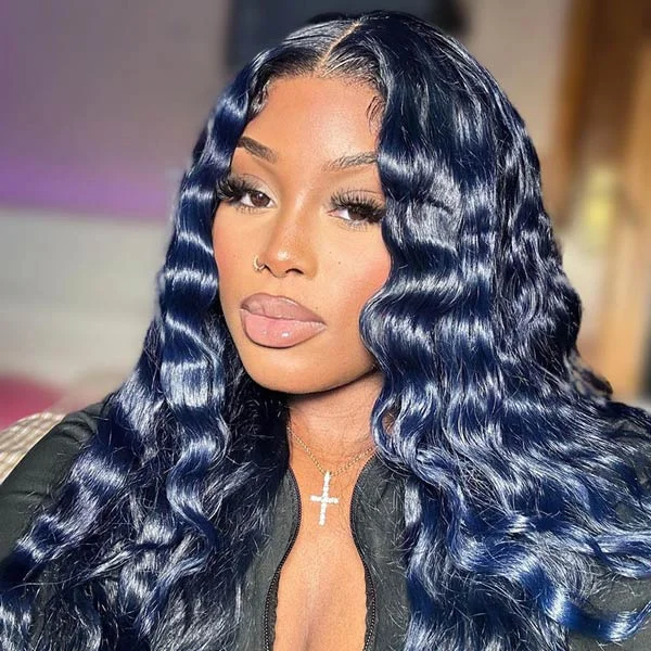 Colored wig with a side - swept bang for a sophisticated lookJunoda Dark Silver Blue Colored Human Hair Wigs Loose Deep Body Wave Lace Front Wig