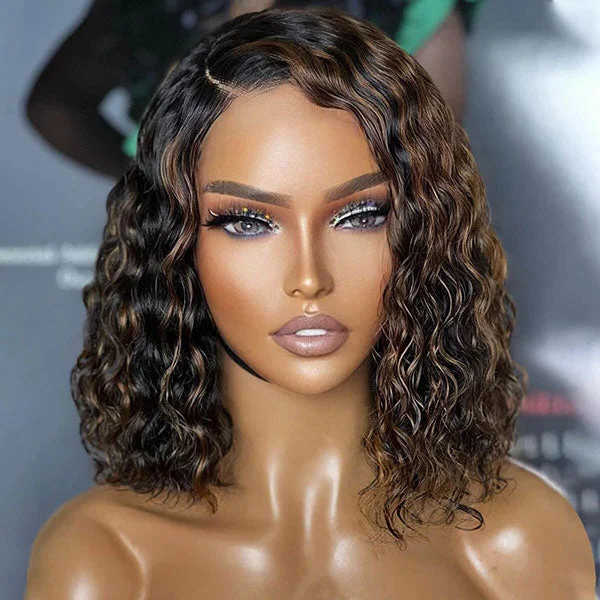 Colored wig with a pre - bleached knot for a natural - looking scalpJunoda Glueless Highlight Water Wave Bob Wear & Go Wig Pre Cut Lace Pre Plucked Hairline