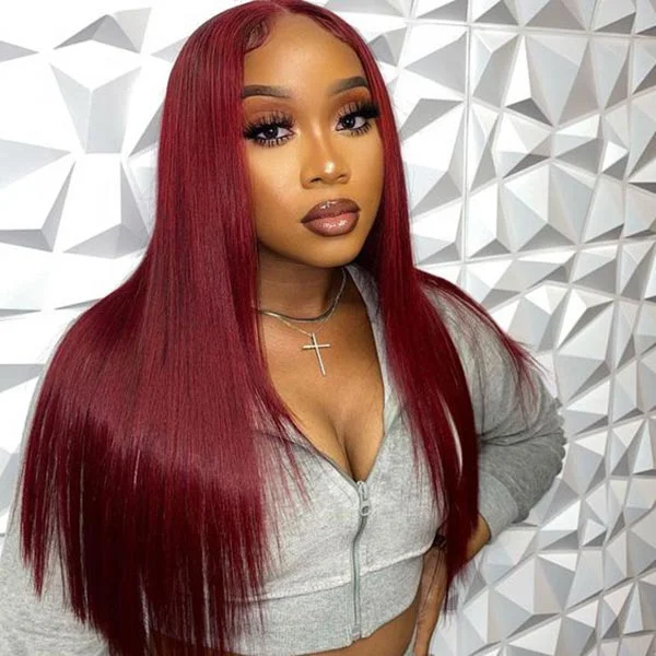 Colored wig with a middle - part for a classic and elegant styleJunoda Hair 99J 13x4 Lace Front Wig Brazilian Straight Burgundy Pre plucked