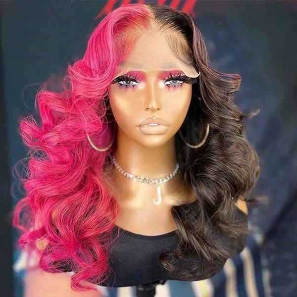 Synthetic colored wig with a heat - resistant formula for easy stylingJunoda Half Rose Pink Half Black Color Body Wave Lace Front Human Hair Wig For Women