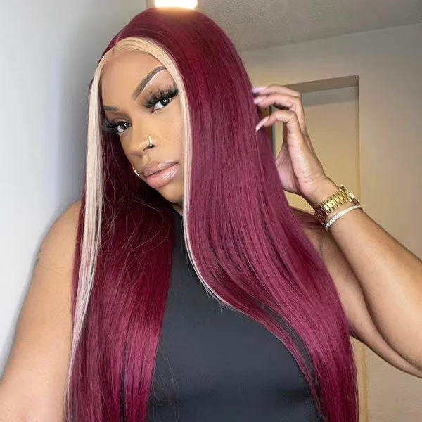 Colored wig with a silk - base cap for a comfortable and smooth feelJunoda Highlight 613 Blonde Skunk Stripe with 99j Burgundy Red Straight Colored Human Hair Wigs