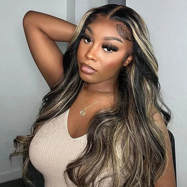 Colored wig with a middle - part for a classic and elegant styleJunoda Highlight Blonde Body Wave Wig P1B/27 Mix Color Human Hair Lace Wig for Sale