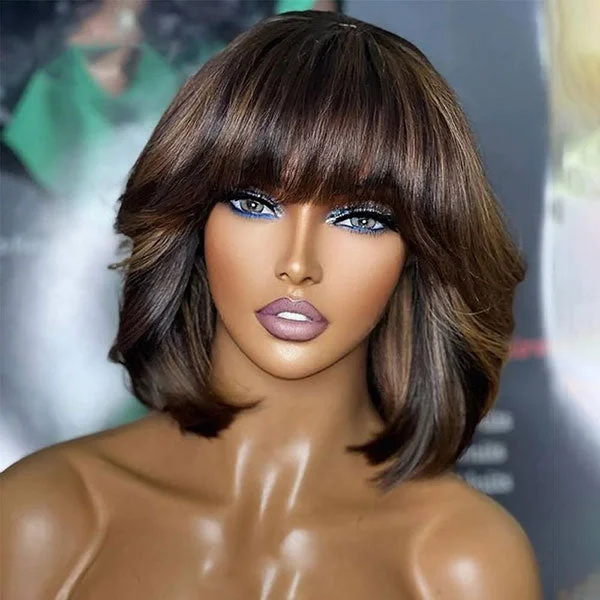 Colored wig with a wavy texture for a beachy and fun lookJunoda Highlight Blonde Straight Bob wig with Bangs P1B/4 Skunk Stripe 27 Colored Short Human Hair Wigs