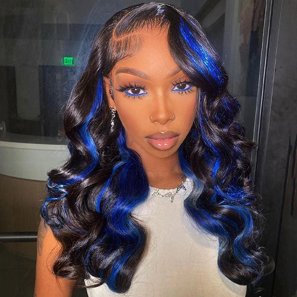 Colored wig with a 150 - density for a full and thick appearanceJunoda Highlight Blue Body Wave Wig Colored 13x4 Lace Front Human Hair Wigs