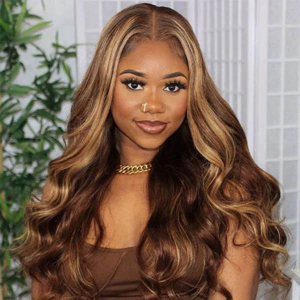 Colored wig with a straight texture for a sleek and minimalist lookJunoda Highlight Brown 6x4.5 Pre Cut Lace Wig Mix Color Body Wave Wear & Go Glueless Wig