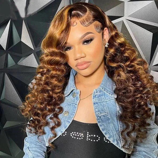 Colored wig with a curly texture for a bold and stylish choiceJunoda Highlight Brown Loose Wave Human Hair Wigs Balayage Mix Color Lace Front Wig