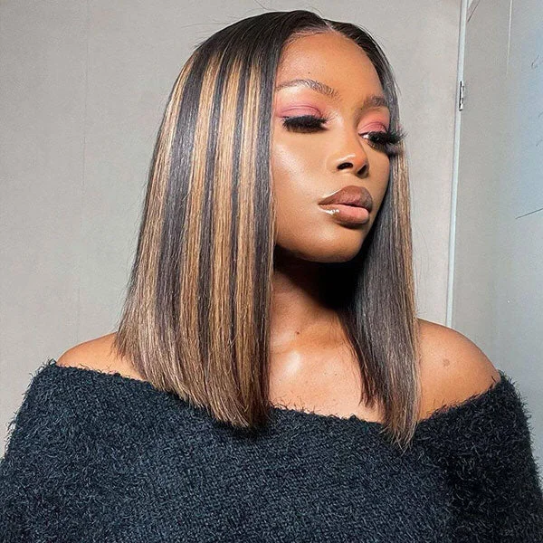 Colored wig with a pre - plucked hairline for a more natural lookJunoda Highlight Brown on Black Straight Bob Wear Go Glueless Wig P1B/30 Pre Everything Lace Wig Obodo Oyinbo Tv Recommend