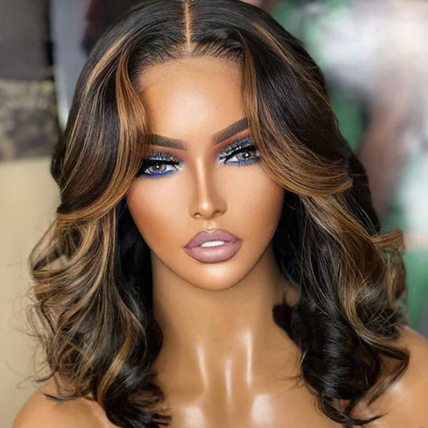 Human - hair colored wig for a natural and luxurious feelJunoda Highlight Brown Wear & Go Body Wave Bob Wig Pre Cut Lace Glueless Human Hair Wigs