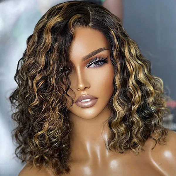 Colored wig with a blue - green ombre effect for a unique and trendy appearanceJunoda Highlight Honey Blonde Deep Curly Bob Wig 180% Density Human Hair Lace Wig