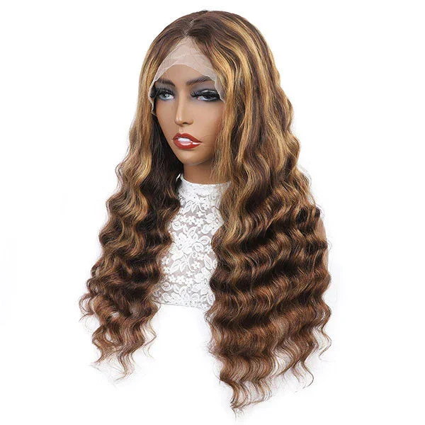 Adjustable - cap colored wig for a comfortable fitJunoda Highlight Loose Deep Wave Wig P4/27 Brown Blonde Colored Human Hair Lace Wig