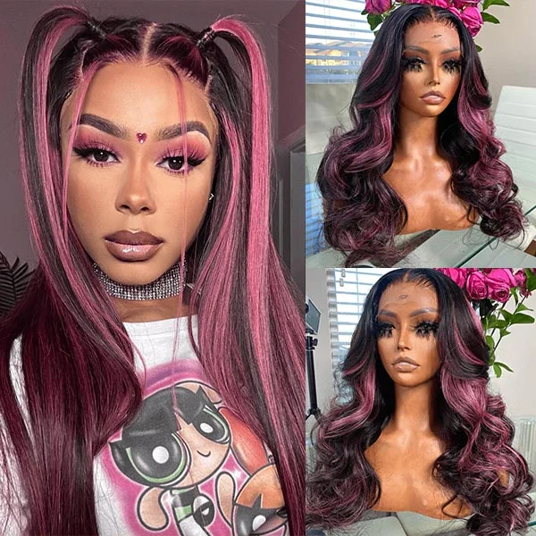 Colored wig with a silver - grey color for a trendy and cool - toned lookJunoda Highlight Mulberry Purple Red Balayage Human Hair Body Wave/Straight 13x4 Lace Front Wig