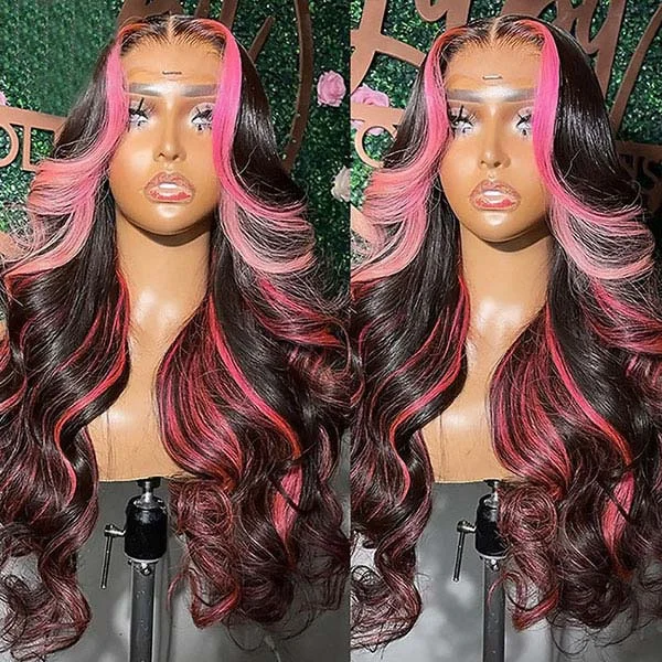 Colored wig with a purple - violet shade for a regal and elegant lookJunoda Highlight Pink Body Wave Wig Balayage Colored Human Hair Lace Front Wig