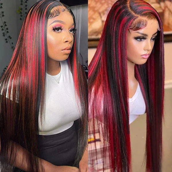 Colored wig with a straight texture for a sleek and minimalist lookJunoda Highlight Red Straight Human Hair Wigs Balayage Piano Color Lace Wig