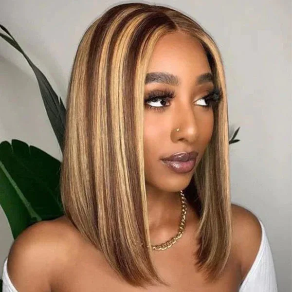 Colored wig with a straight texture for a sleek and minimalist lookJunoda Highlight Straight Bob Wear & Go Glueless Wig Brown Blonded Colored Human Hair Wigs