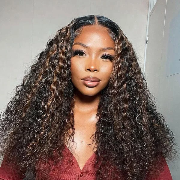 Colored wig with a natural - looking root for a more realistic lookJunoda Highlight Water Wave Human Hair Wigs P1B/30 Mix Color Black Brown Lace Front Wig