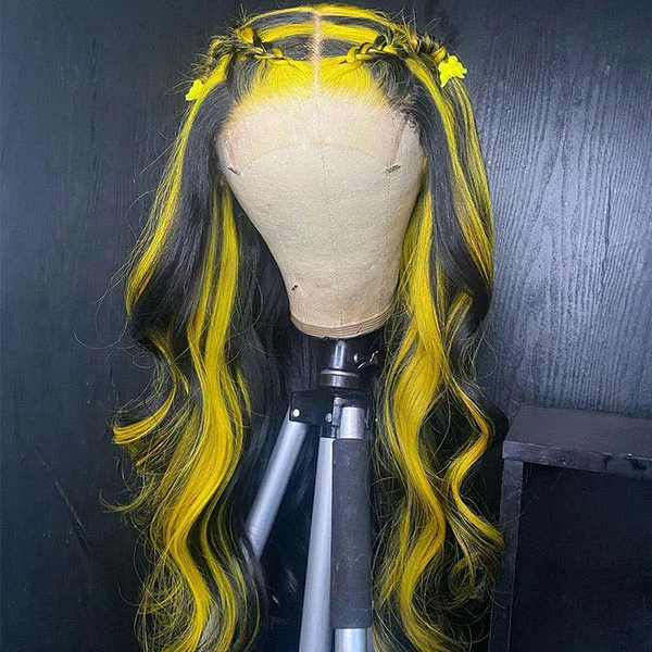 Colored wig with a silver - grey color for a trendy and cool - toned lookJunoda Highlight Yelllow on Black Hair Body Wave Human Hair Wigs Piano Color Lace Wig