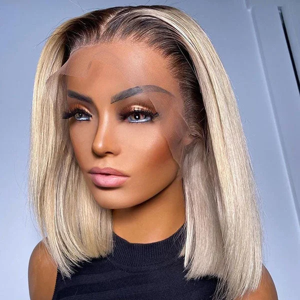 Colored wig with a pre - plucked hairline for a more natural lookJunoda Honey Blonde Bob 1B/613 Transparent Lace Front Wigs 150% Density