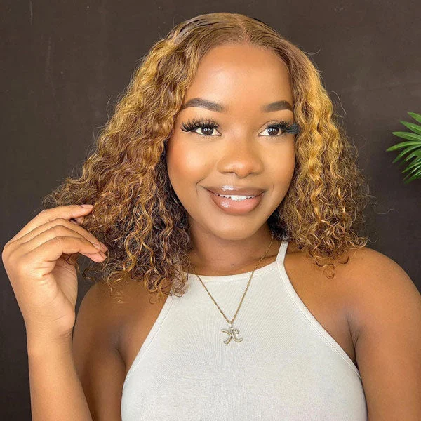 Colored wig with a side - swept bang for a sophisticated lookJunoda Kinky Curly Highlight Brown Bob Wig 4x4/6x4.5/13x4 Pre Cut Lace Wear & Go Wig