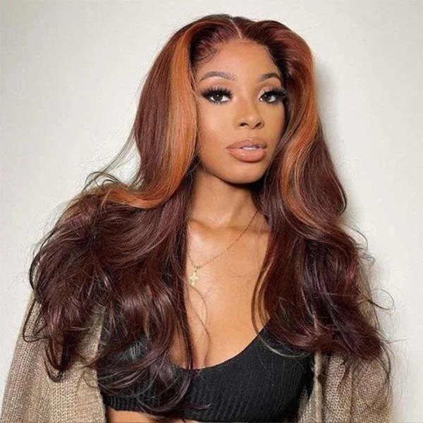 Synthetic colored wig with a heat - resistant formula for easy stylingJunoda Money Piece Highlight Orange & Reddish Brown Color Body Wave Skunk Stripe Wig