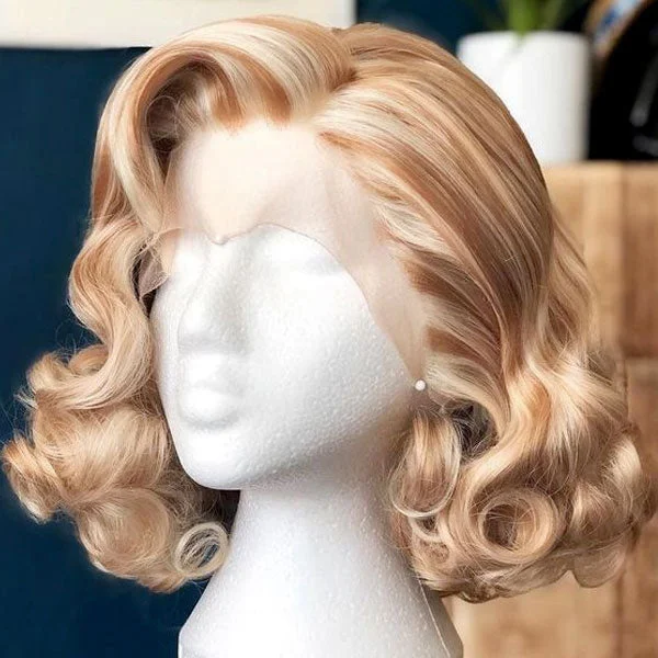 Colored wig with a wavy texture for a beachy and fun lookJunoda Monroe Romantic Curly Hairstyles Bouncy Loose Curly Human Hair Lace Wig