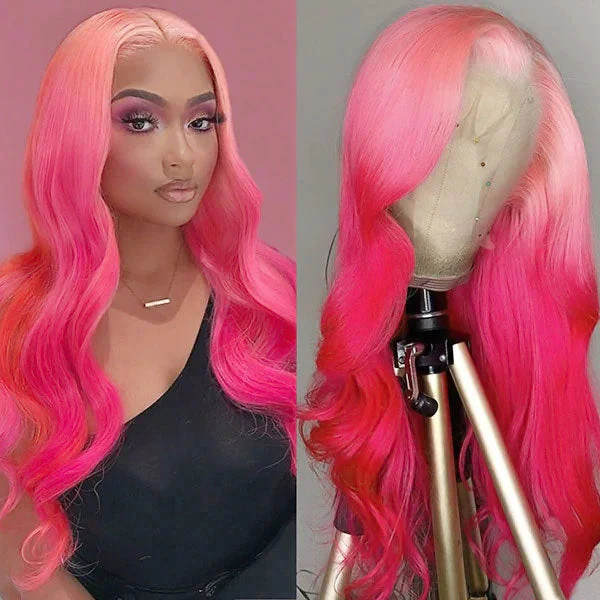 Colored wig with a middle - part for a classic and elegant styleJunoda Ombre Pink Body Wave Wig 2 Tone Colored Human Hair Lace Front Wig