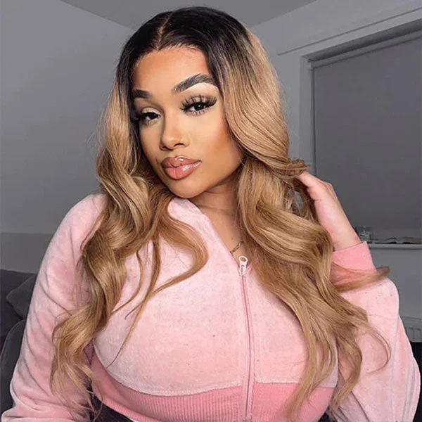 Colored wig with a straight texture for a sleek and minimalist lookJunoda Ombre T1B/27 Dark Roots Honey Blonde Body Wave Lace Front Wig For Women