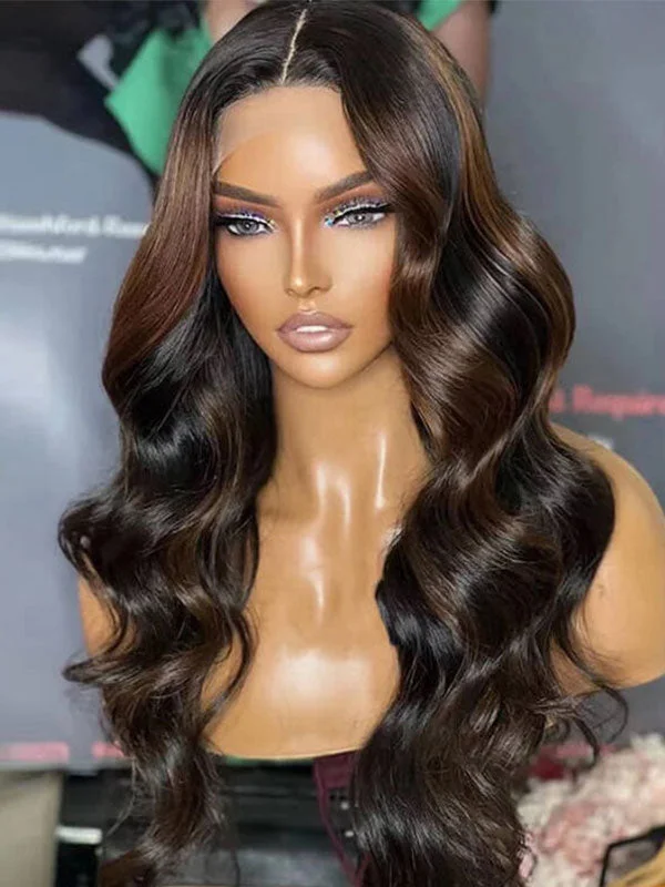 Synthetic colored wig with a heat - resistant formula for easy stylingJunoda P1B/4 Highlight Brown Body Wave Human Hair Lace Front Wig Mix Color Wig