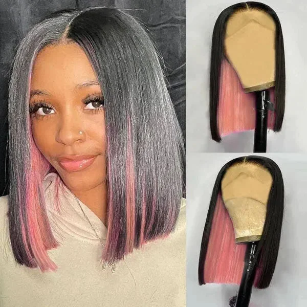 Adjustable - cap colored wig for a comfortable fitJunoda Peekaboo Pink Highlight Straight Human Hair Bob Wigs 4x4 13x4 Lace Front Wig