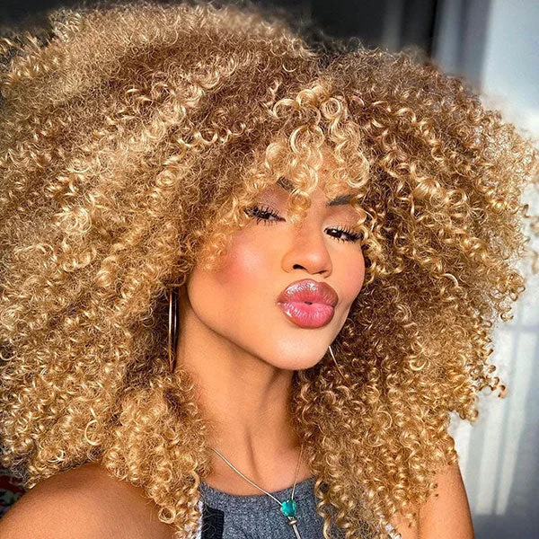 Colored wig with a natural - looking root for a more realistic lookJunoda Pre-Cut Lace 4C Afro Kinky Curly Wig Highlight Blonde Brown Wear & Go Wig