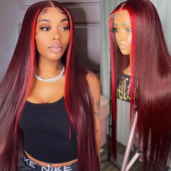 Colored wig with a wispy fringe for a soft and feminine lookJunoda Red Burgundy 99J Skunk Stripe Straight Wig 180% Density 4x4 13x4 Transparent Lace Front Wig