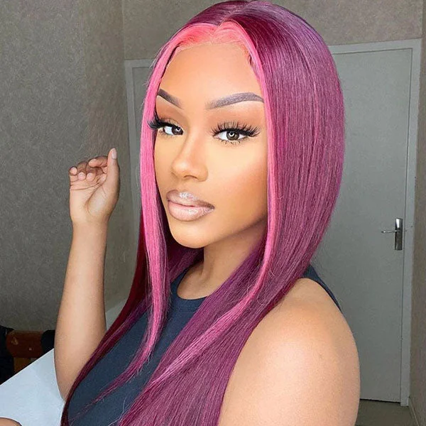 Synthetic colored wig with a heat - resistant formula for easy stylingJunoda Rose Pink and 99j Burgundy Red Skunk Stripe Wig Highlight Straight Ombre Human Hair Wigs