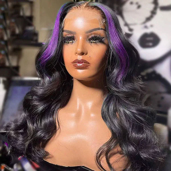 Colored wig with a wispy fringe for a soft and feminine lookJunoda Skunk Stripe Purple with Black Hair 4x4 13x4 Lace Wig Body Wave Human Hair Wigs