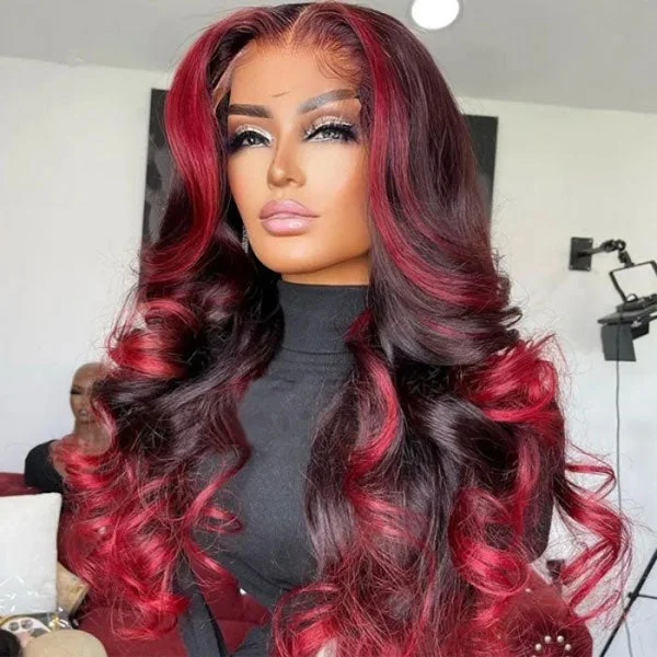 Colored wig with a blue - green ombre effect for a unique and trendy appearanceJunoda Spicy Red Wine Highlight Wig Loose Wave 13x4 Lace Front Human Hair Wigs